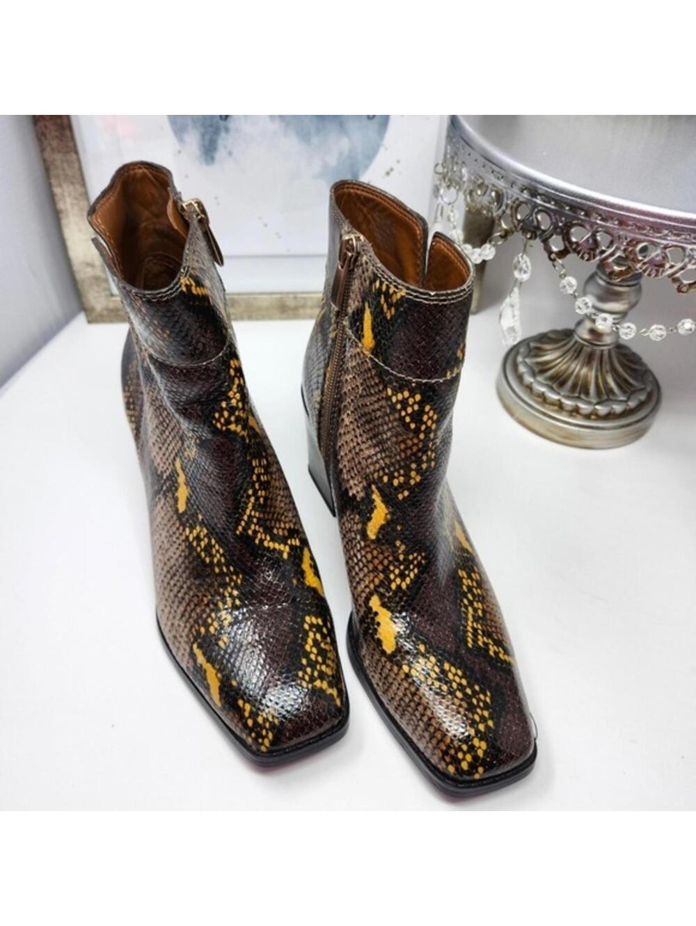 Franco Sarto Snakeskin Print Ankle Boots Booties Block Heel Brown Yellow 7.5 - Picture 3 of 8
